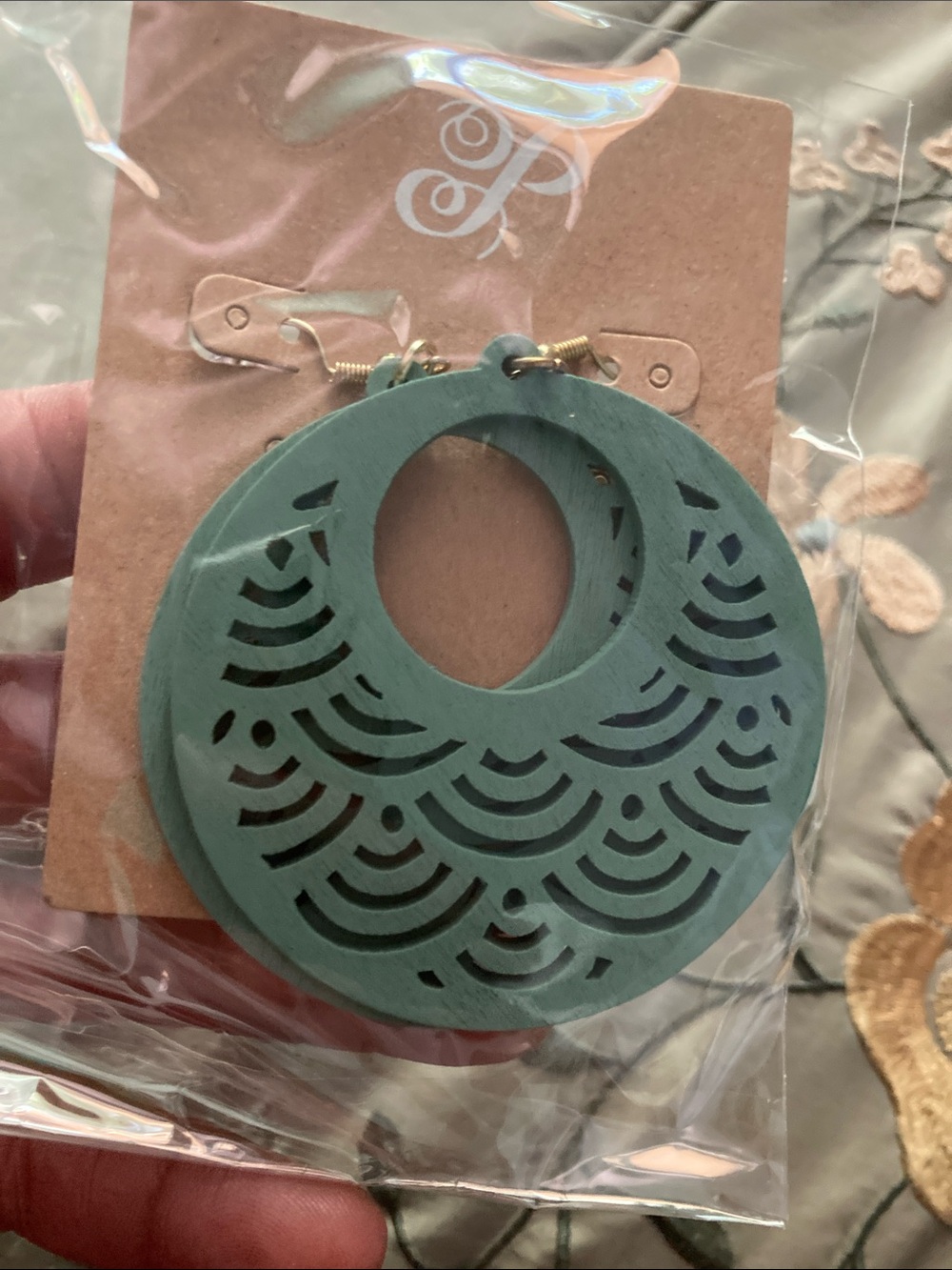 Plunder Green Carved Wooden Hoop Earrings